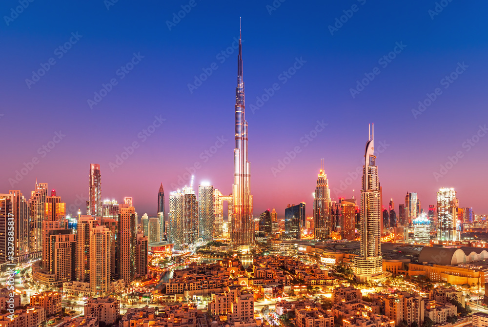 Amazing Dubai city center skyline at sunset, United Arab Emirates