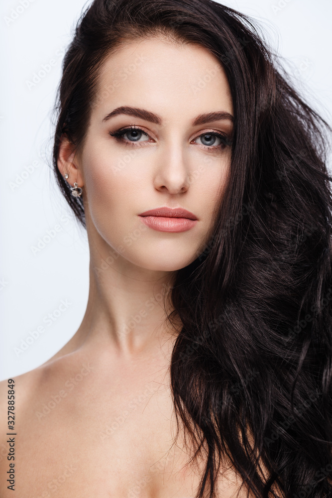 portrait of a young lady with beautiful brunette hair on white portrait of a young lady with beautiful brunette hair on white