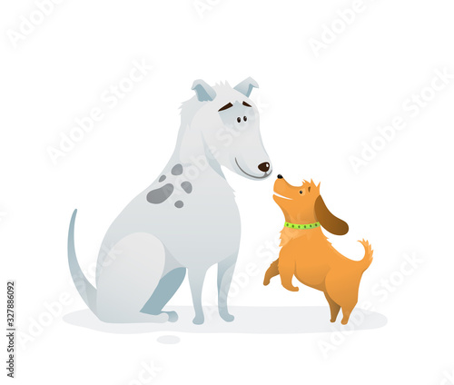 Two dogs animal pets puppies playing jumping buddies colorful humorous cartoon.