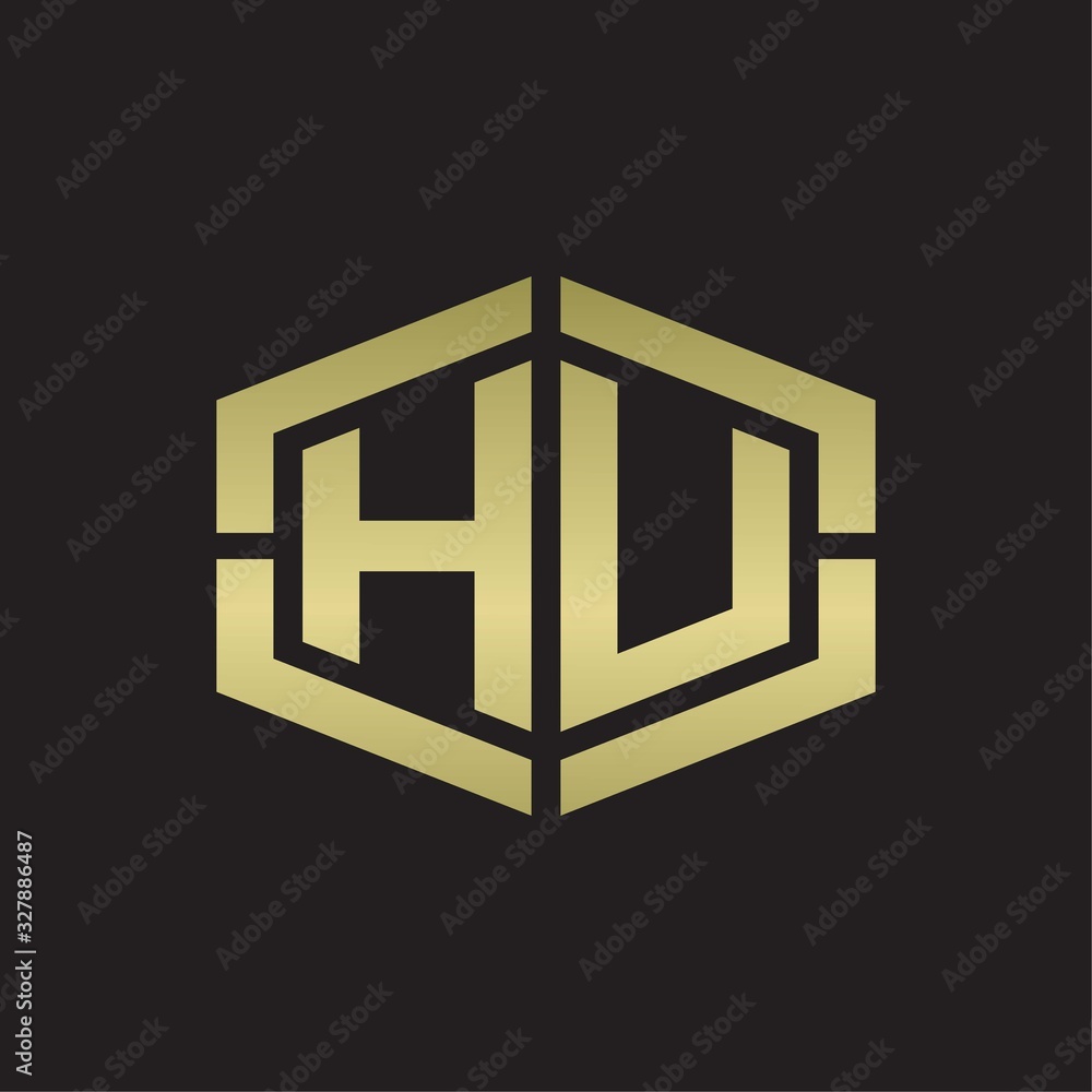 HU Logo monogram with hexagon shape and piece line rounded design tamplate on gold colors HU Logo monogram with hexagon shape and piece line rounded design tamplate on gold colors