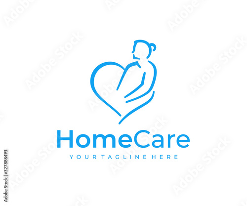 Home healthcare logo design. Elderly care vector design. Heart and senior woman logotype