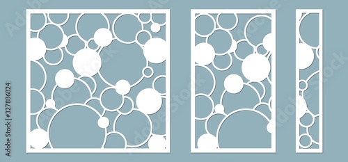 Vector illustration. Decorative panel lines, circles, balls, laser cutting. cut wooden panel...