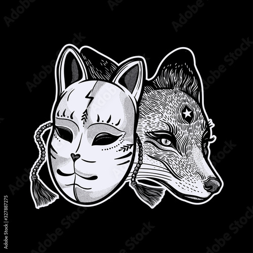 Japanese mask fox with real fox. Dreamy magic art. Night, nature symbol.Isolated vector art. Print on poster, card, sticker, T-shirt.