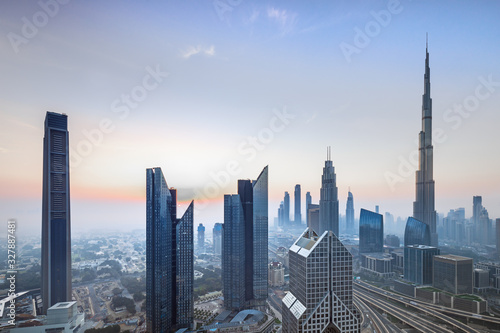 Photography Dubai city skyline at sunset, United Arab Emirates