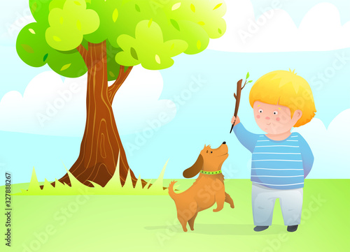 A boy with jumping dog friend playing outside throwing stick for puppy on lawn under the oak tree.