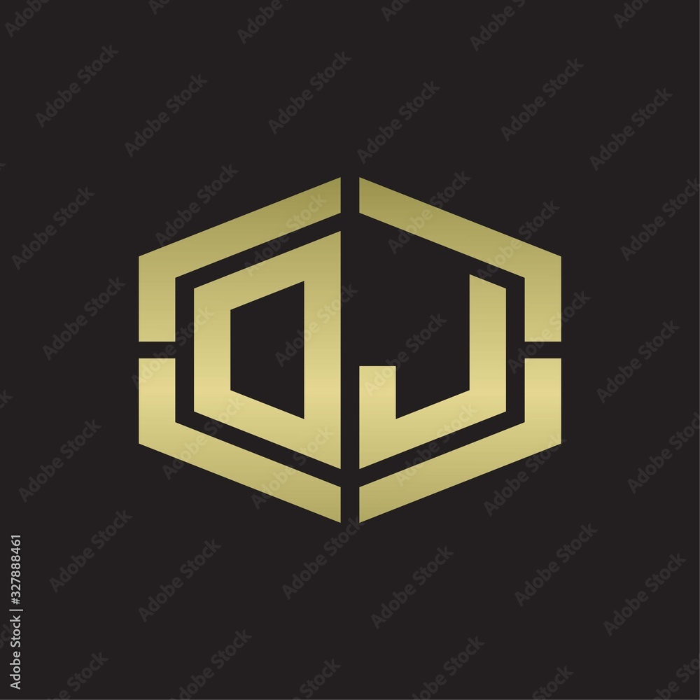 DJ Logo monogram with hexagon shape and piece line rounded design tamplate on gold colors DJ Logo monogram with hexagon shape and piece line rounded design tamplate on gold colors