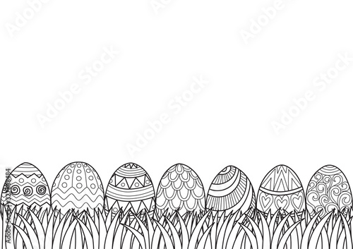 Line art, black and white seamless pattern Easter eggs grass for design element. Vector illustration