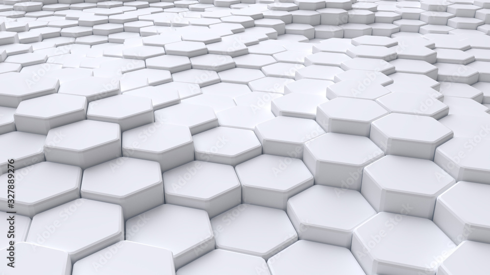 Abstract white hexagonal background. Ceramic hex tiles. Interior design concept. 3d render illustration. Geometry pattern. Random cells. Polygonal glossy porcelain surface. Architectural abstraction Abstract white hexagonal background. Ceramic hex tiles. Interior design concept. 3d render illustration. Geometry pattern. Random cells. Polygonal glossy porcelain surface. Architectural abstraction