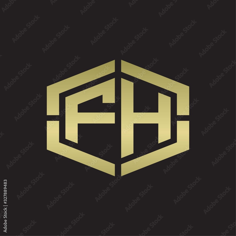 FH Logo monogram with hexagon shape and piece line rounded design tamplate on gold colors FH Logo monogram with hexagon shape and piece line rounded design tamplate on gold colors
