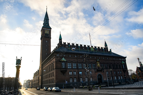 View to City Hall building and Lur Blower Column in Copenhagen, Denmark. February 2020 photo