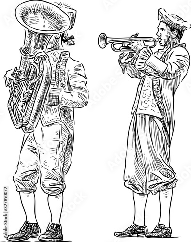 Hand drawing of musicians in carnival vintage costumes playing trumpets