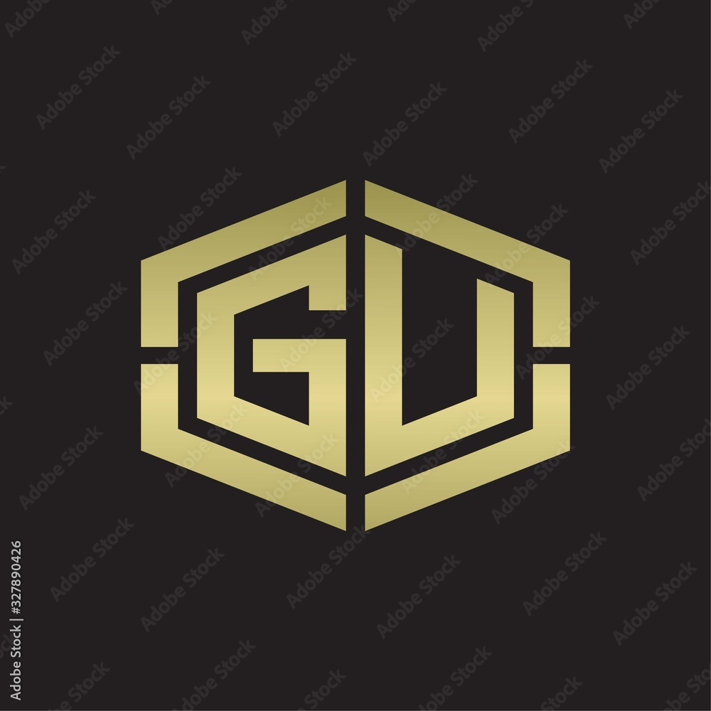 GU Logo monogram with hexagon shape and piece line rounded design tamplate on gold colors GU Logo monogram with hexagon shape and piece line rounded design tamplate on gold colors