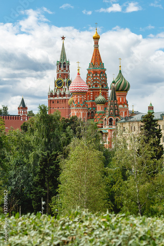 Moscow landscape park Zaryadye with St. Basil's Cathedral on Red Square and the Kremlin
