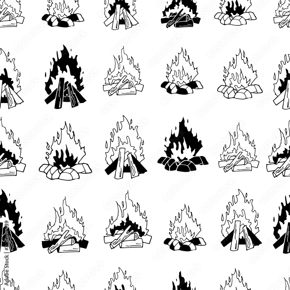 Obraz premium Monochrome vector seamless pattern with black elements isolated on white. Endless texture. Black and white burning bonfire. Contour and silhouettes. Outdoor adventure. Wild life. Camping hiking time
