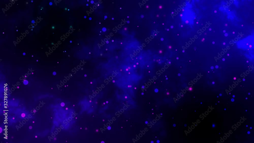 Bokeh particles galaxy blur lights background and texture motion graphics. Blue and violet color.