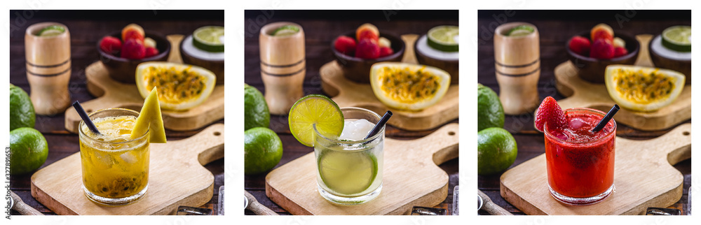 Brazilian caipirinha, typical Brazilian cocktail made with fruits. Lemon, strawberry and passion fruit, cachaça or vodka with sugar. Cultural and gastronomic heritage of Rio de Janeiro. Brazilian caipirinha, typical Brazilian cocktail made with fruits. Lemon, strawberry and passion fruit, cachaça or vodka with sugar. Cultural and gastronomic heritage of Rio de Janeiro.