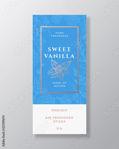 Vanilla Spice Home Fragrance Abstract Vector Label Template. Hand Drawn Sketch Flowers, Leaves Background and Retro Typography. Premium Room Perfume Packaging Design Layout. Realistic Mockup.
