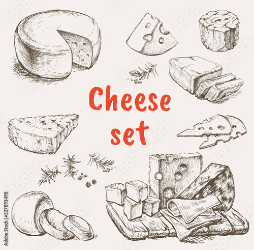 Cheese Set Hand Drawing Vector Illustration. Isolated curds collection used for logo design, recipe book, advertising cheese or restaurant menu.