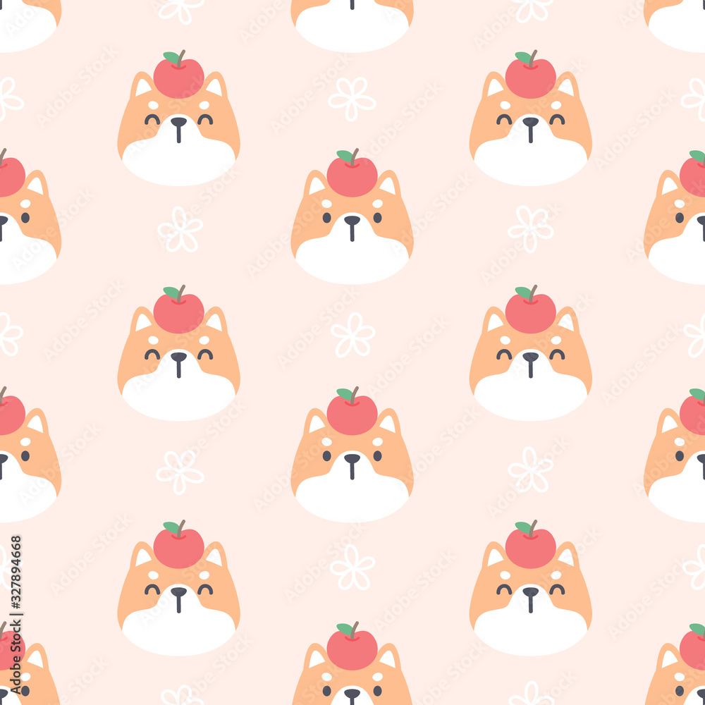 Shiba inu dog with apple seamless pattern background