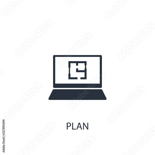 House plan on laptop icon. Simple real estate element illustration.