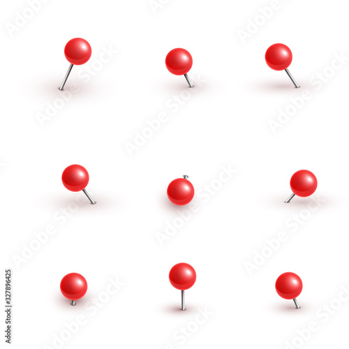 Realistic vector plastic glossy red push pins at various angles set needle.
