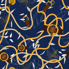 Foto auf Acrylglas Blumen- und Juwelenmuster Сhain nahtloses Vektormuster auf dunkelblauem Hintergrund mit Modeblumenmuster.  © Julia