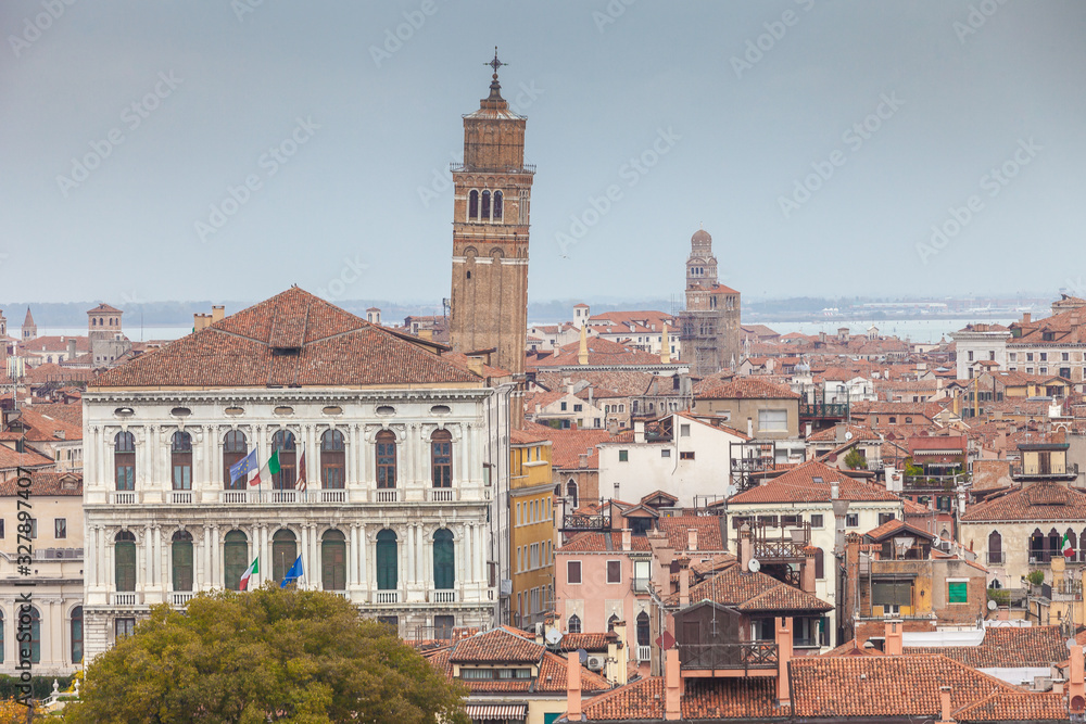Aerial view of the typical Venice houses roofs and governament Palace, Italy