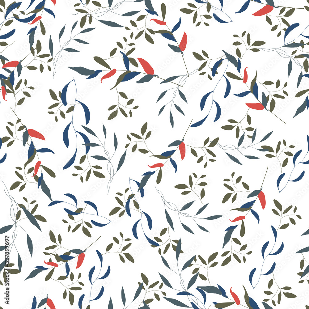 Exotic pattern with tropical leaves in jungle hawaii style. Hand drawing summer decoration of green, blue, red painting palm foliage or plants and vintage garden. Trendy seamless vector design. Exotic pattern with tropical leaves in jungle hawaii style. Hand drawing summer decoration of green, blue, red painting palm foliage or plants and vintage garden. Trendy seamless vector design.
