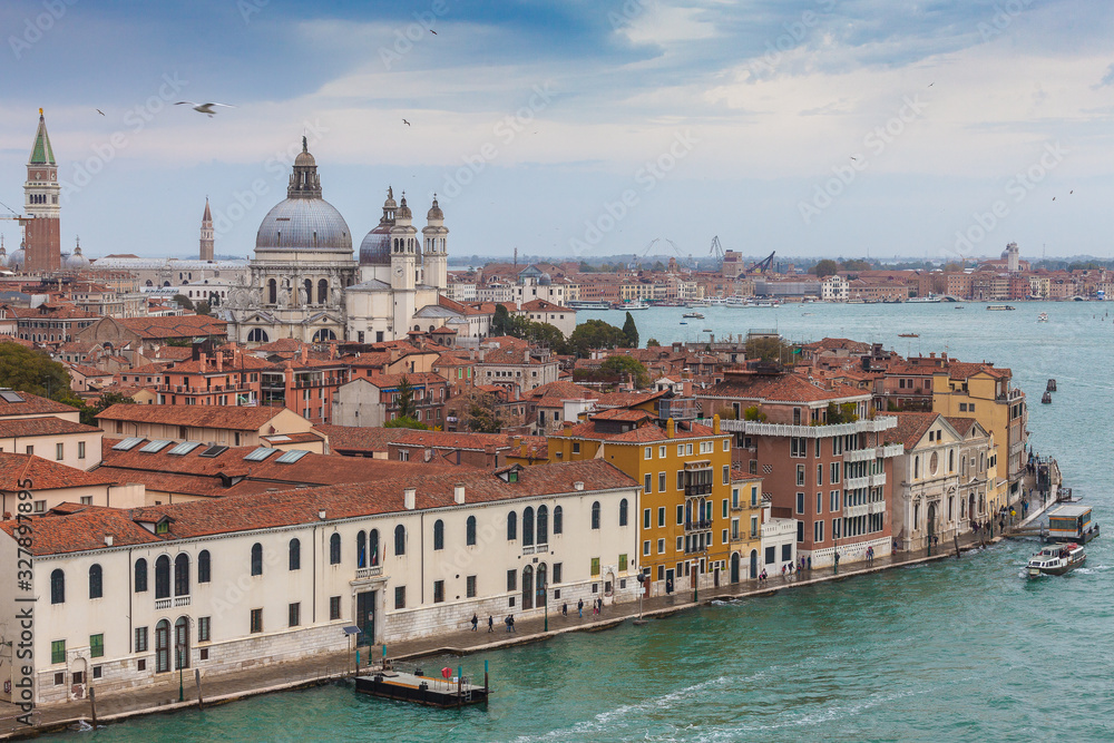Aerial view of Basilica della Salute and Giudecca Channel, Venice, Italy