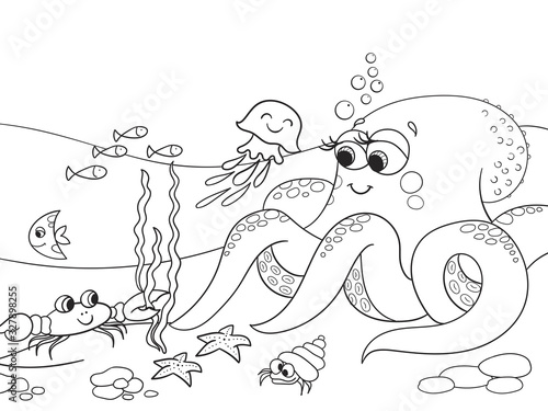 Bright, coloring pattern. The seabed with its inhabitants. Fish with octopus. Cartoon vector