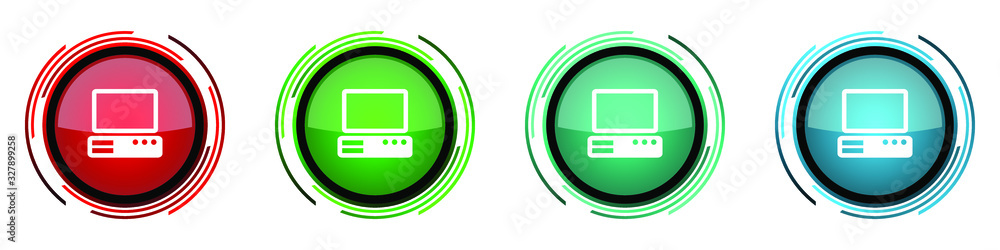 Computer round glossy vector icons, set of buttons for webdesign, internet and mobile phone applications in four colors options isolated on white background Computer round glossy vector icons, set of buttons for webdesign, internet and mobile phone applications in four colors options isolated on white background