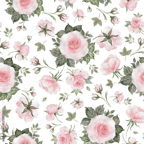 Seamless pattern of delicate roses drawn by paints on paper