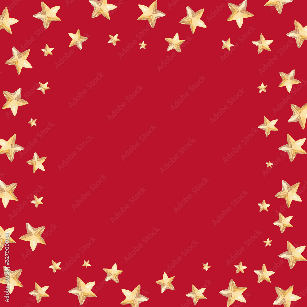 watercolor hand drawn golden stars frame on red background for border,wrapping paper,scrapbooking,fabric