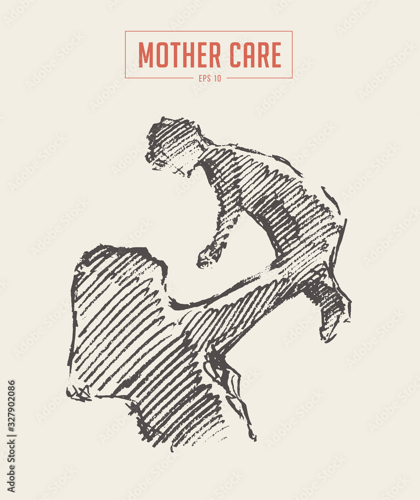 Fototapeta premium Mother and child silhouette drawn vector sketch