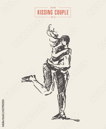 Girl and boy kiss hug kissing couple vector sketch