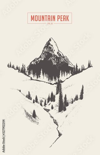 Mountain peak fir forest Hand drawn vector sketch