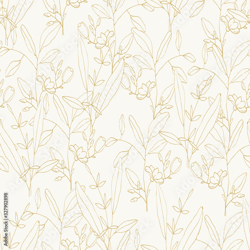 Botanical vector illustration of painted small floral template and outline drawing elements. Rustic vintage golden leaves and hand sketched flowers seamless pattern on white pastel background.