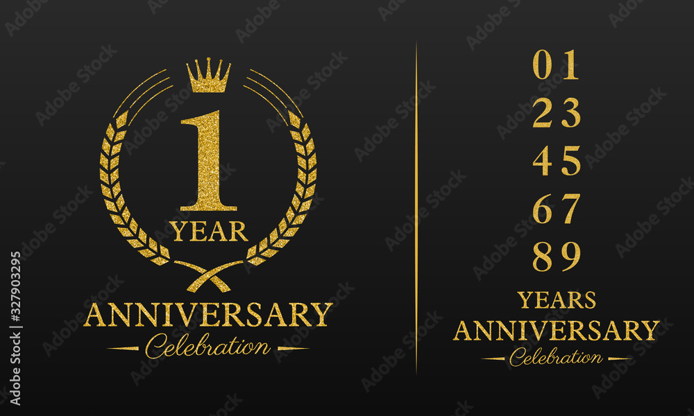 1 year golden glitter anniversary celebration badge, additional elements added for compilation any dates or years. Vector illustration. 1 year golden glitter anniversary celebration badge, additional elements added for compilation any dates or years. Vector illustration.