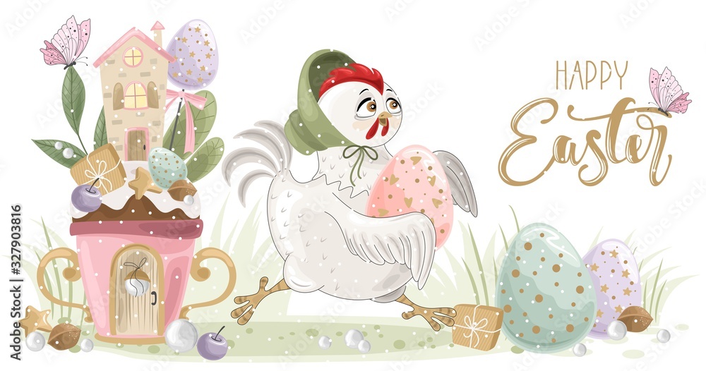 Fototapeta premium Cute Easter Chicken with a hand-drawn phrase 