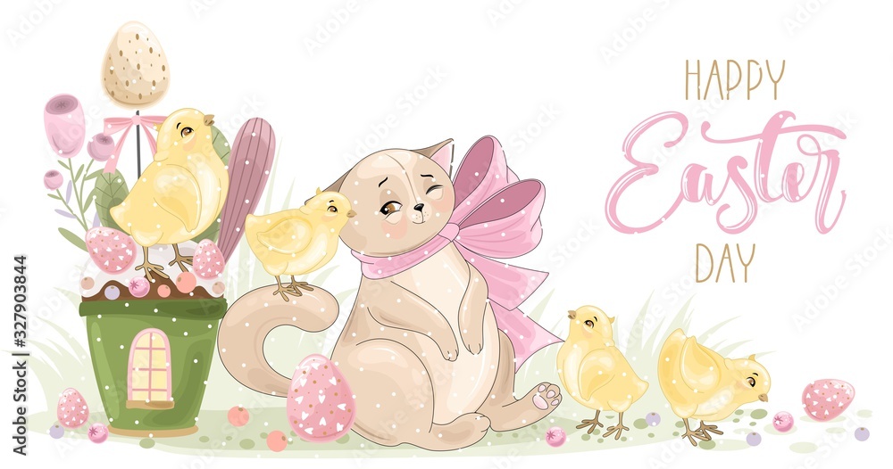 Fototapeta premium Cute Easter Cat with a hand-drawn phrase 