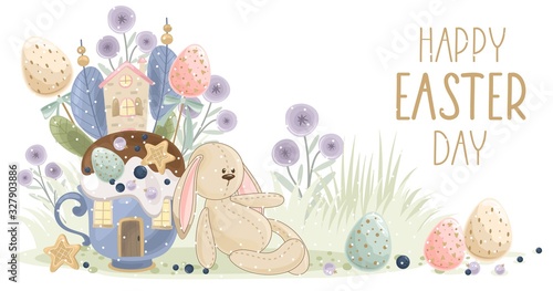 Happy Easter card with handwritten phrase. Easter elements, flowers, branches, eggs. For textiles, postcards and Wallpaper. Printing on fabric, paper, cards, invitations.