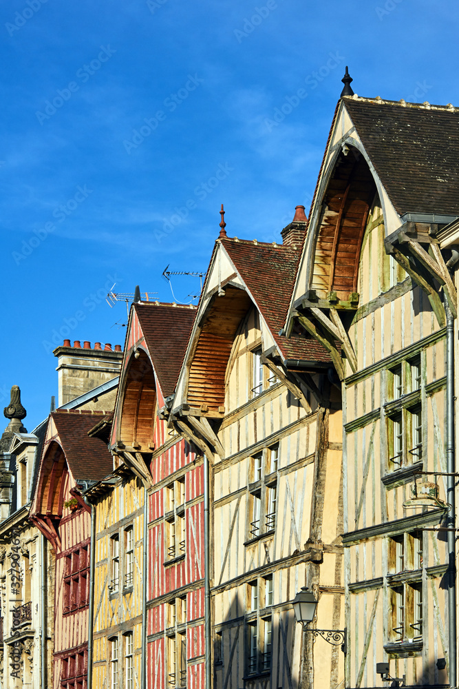 half-timbered historic tenement houses in old town of Troyes, France.