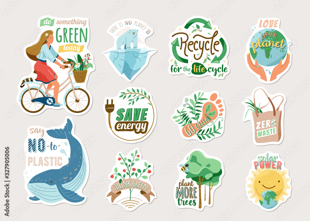 Ecology and recycle sticker set with save environment vector illustration and motivational quote text. Eco badges with earth, girl on bike, nature plant, whale, polar bear isolated on light