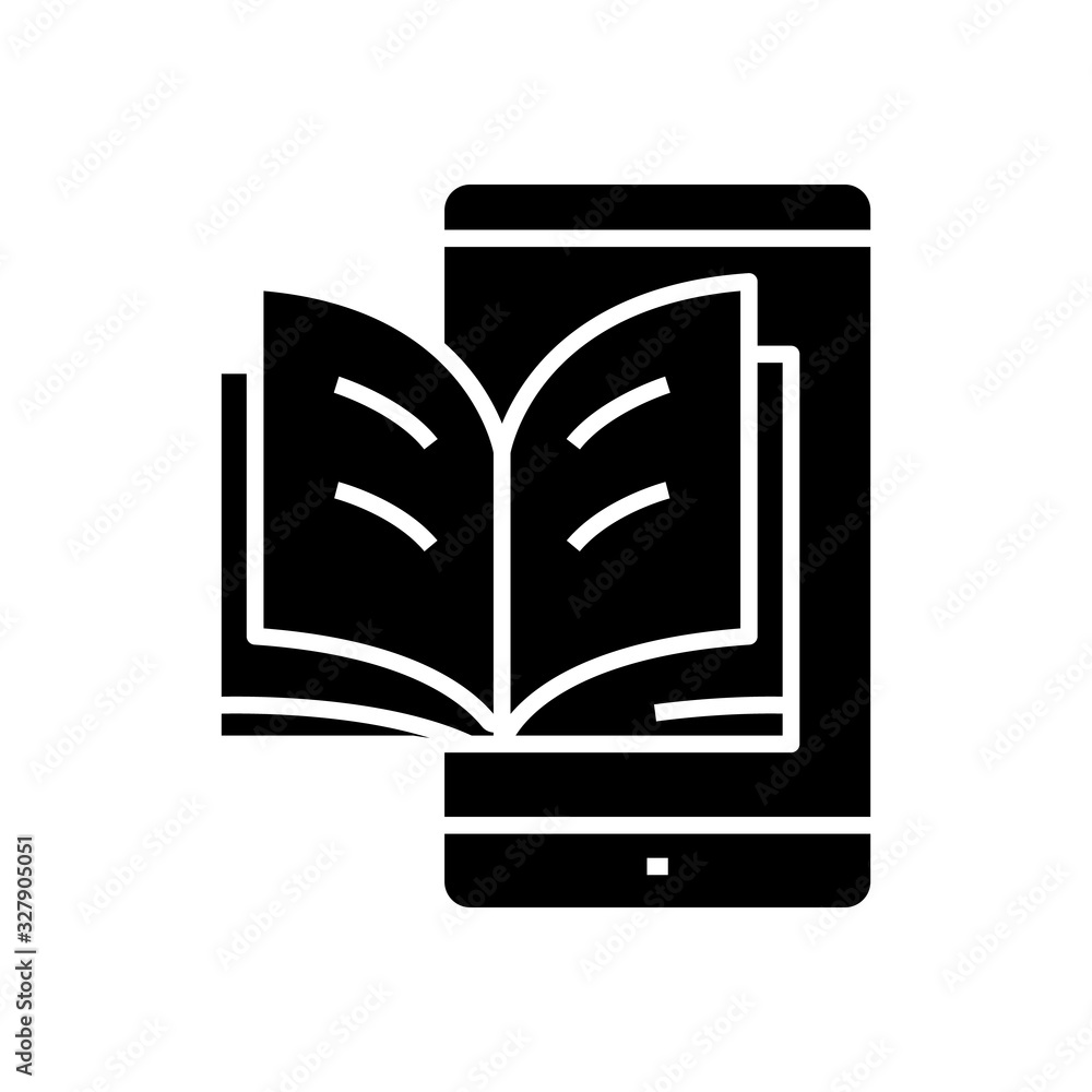Mobile online reading black icon, concept illustration, vector flat symbol, glyph sign. Mobile online reading black icon, concept illustration, vector flat symbol, glyph sign.