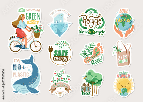 Ecology and recycle sticker set with save environment vector illustration and motivational quote text. Eco badges with earth  girl on bike  nature plant  whale  polar bear isolated on light