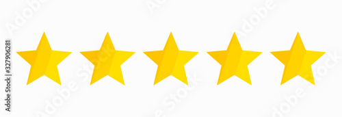 Yellow five stars quality rating icon isolated on white.