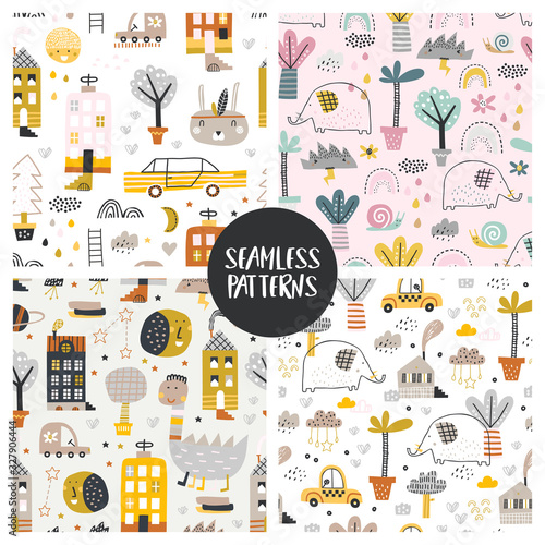 Baby seamless patterns with buildings, road, transport, donosaur and abstract trees. Good for kids fabric, textile, nursery wallpaper. Seamless city landscape. Scandinavian style