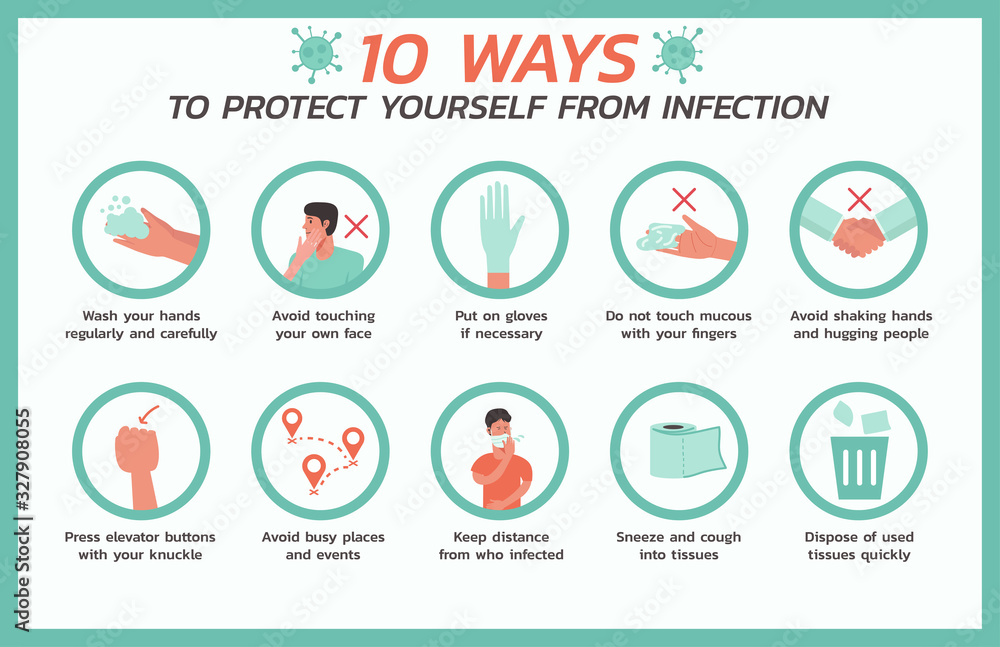ten ways to protect yourself from infection infographic concept, healthcare and medical about flu and virus prevention, vector flat symbol icon, layout, template illustration in horizontal design - obrazy, fototapety, plakaty 