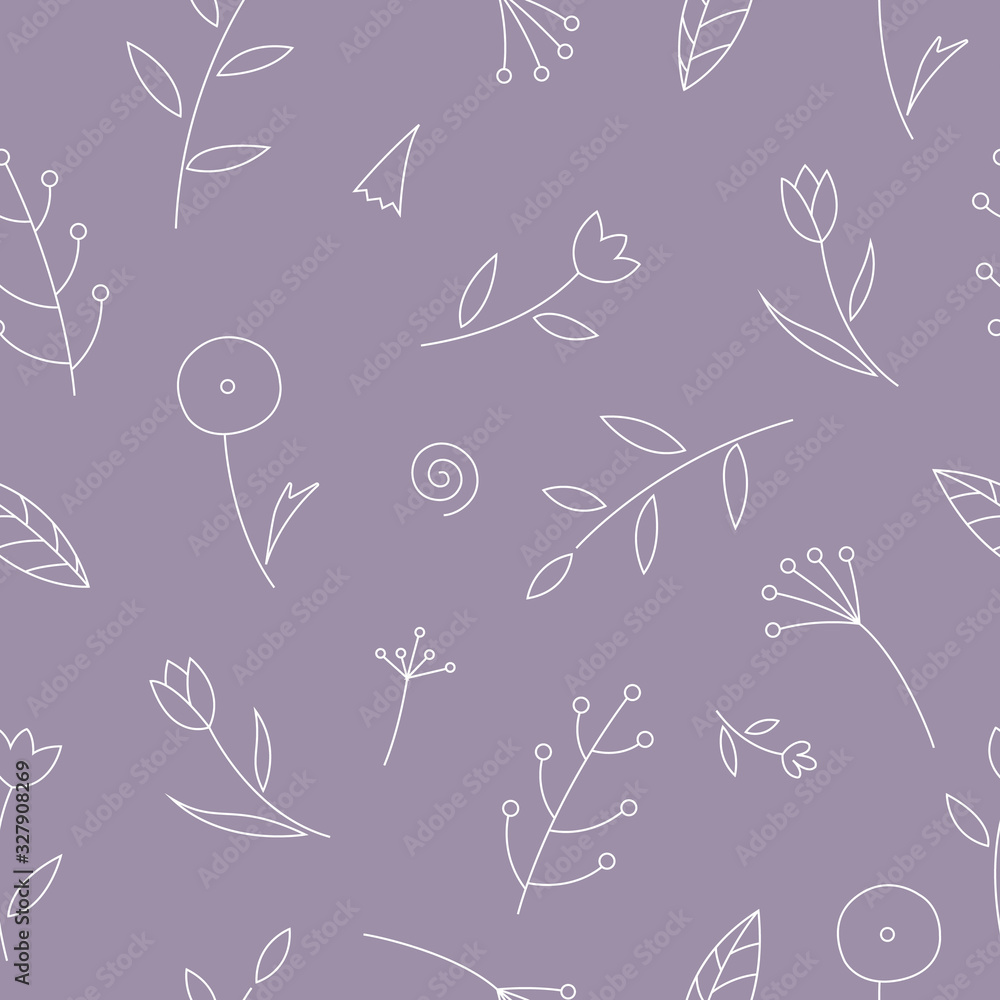 Fototapeta premium Seamless pattern with outline leaves and flowers on purple background. Abstract vector backdrop for textile, posters, flyers, wallpapers etc.
