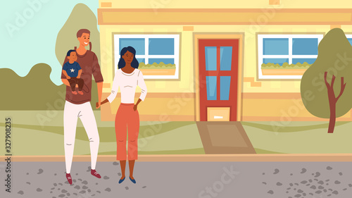 Concept Of Real Estate For Young Families. Young Family Father, Mother And Son Stand Near The House. People moving house. Mortage Loan For Young Families. Cartoon Flat Style. Vector Illustration